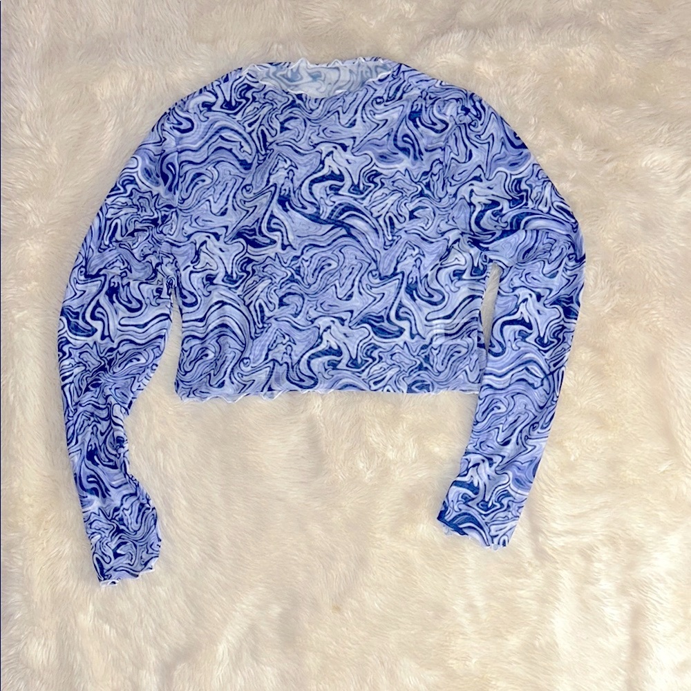 Y2K Blue & White Marble Mesh Crop With Lettuce Hem